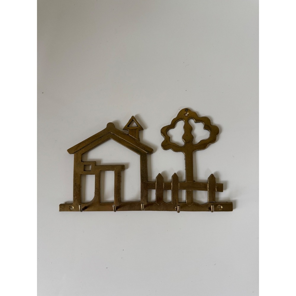 Vintage Solid Brass House and Tree Key Hook Wall Mount Rack 5 Hooks Gold Tone